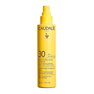 Frasco amarelo de spray solar CAUDALÍE SPF 30 para rosto e corpo