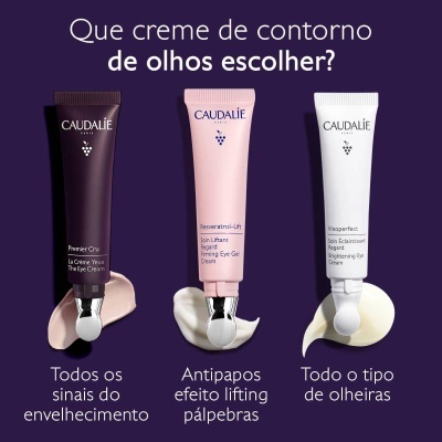 Três cremes de contorno de olhos Caudalie com embalagens roxa, rosa e branca.
