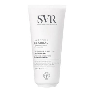 Embalagem branca de creme corporal SVR Lait Corps Clairial 200mL