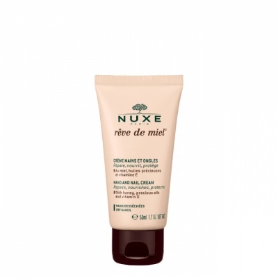 Frasco de creme para mãos e unhas Nuxe Rêve de Miel bege com tampa castanha