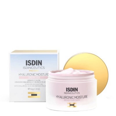 Creme facial ISDIN Hyaluronic Moisture em frasco branco com tampa dourada e caixa branca com texto