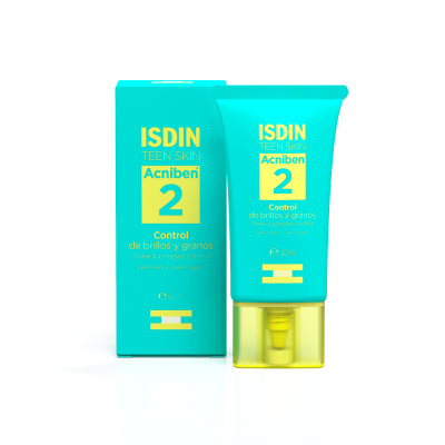 Produto cosmético em tubo turquesa com detalhes amarelos e caixa de papelão turquesa com texto ISDIN TEEN SKIN Acniben 2 Control.