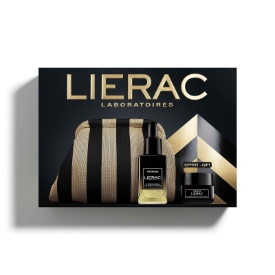 Pack de cosméticos LIERAC com sérum, creme e necessaire preta e dourada