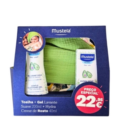 Pack Mustela com gel lavante, creme de rosto e toalha verde em embalagem azul