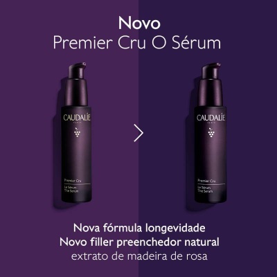 Dois frascos roxos do sérum Caudalie Premier Cru sobre fundo roxo com texto promocional em branco