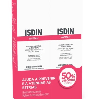 Embalagem dupla do creme corporal anti-estrias ISDIN WOMAN branca e rosa com texto promocional