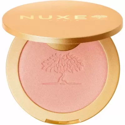 Pó compacto cor-de-rosa com embalagem dourada e texto NUXE PARIS