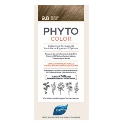 Embala de coloração capilar PHYTO COLOR 9.8 BLOND BEIGE branca com texto e ilustrações de plantas
