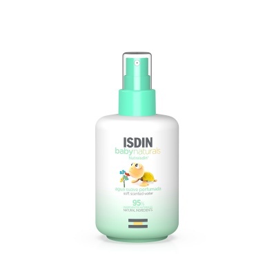 Frasco branco com spray verde menta do ISDIN babynaturals água suave perfumada