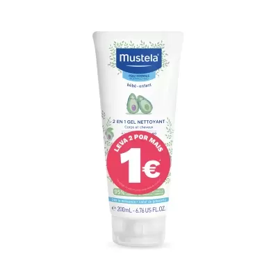 Gel 2 em 1 Mustela bébé-enfant para corpo e cabelo, embalagem branca com abacates e selo promocional vermelho