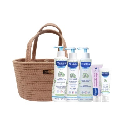 Conjunto de produtos Mustela para bebés com saco de mão castanho claro