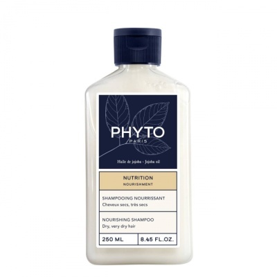 Frasco branco com tampa azul e rótulo PHYTO Nutrition Nourishing Shampoo 250 ml