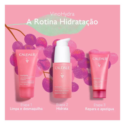 Produtos Caudalie VinoHydra em fundo rosa com uvas e texto de rotina de hidratação