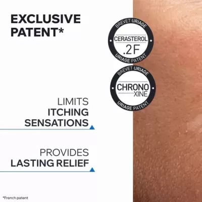 Texto promocional de produto dermatológico com destaque para patentes Uriage ao lado de pele humana em close-up