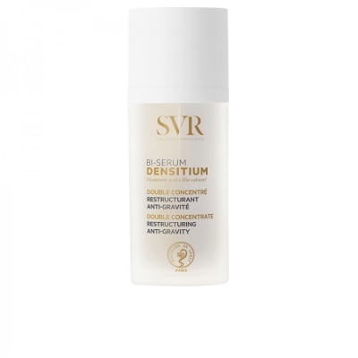 Frasco branco de bi-sérum Densitium da SVR com texto dourado e preto