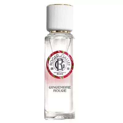 Frasco de perfume Roger & Gallet Gingembre Rouge com tampa branca e detalhes dourados