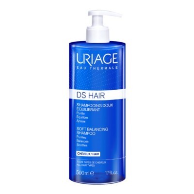 Champô Uriage DS Hair em embalagem azul com tampa branca e texto em branco.