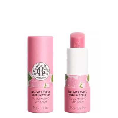 Bálsamo labial sublimador Roger&Gallet em embalagem rosa com padrão floral