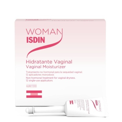 Caixa e tubo branco com rosa de hidratante vaginal WOMAN ISDIN
