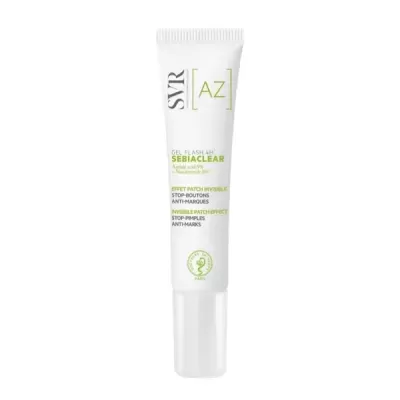 Frasco branco de gel SVR AZ SEBIACLEAR com texto verde e preto