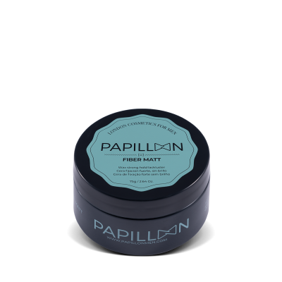 Cera de cabelo para homens PAPILLON Fiber Matt em embalagem preta com tampa azul clara
