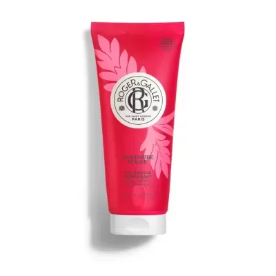 Frasco vermelho de gel de duche Roger & Gallet com tampa branca