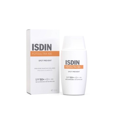 Embalagem e frasco do protetor solar ISDIN FOTOCULTRA 100 Spot Prevent