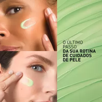 Mulheres a aplicar creme verde no rosto com texto de cuidados de pele