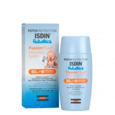 Fotoprotetor ISDIN pediátrico Fusion Fluid mineral baby FPS 50 com embalagem e frasco azul e branco