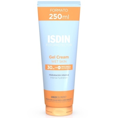 Frasco azul claro e laranja do protetor solar ISDIN Gel Cream Wet Skin 30 FPS
