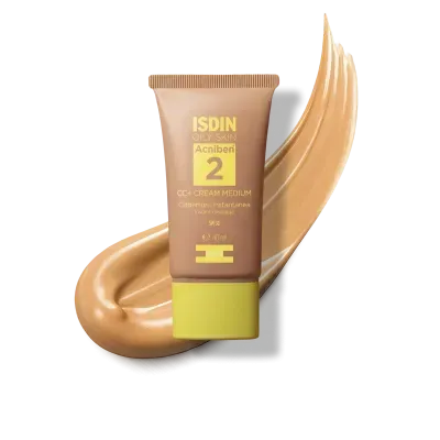 Tubo de creme ISDIN Acniben 2 CC+ Cream Medium com fundo de textura creme bege