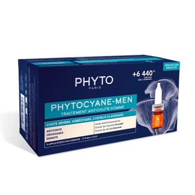 Embalagem azul do produto PHYTO PHYTOCYANE-MEN Tratamento Antichute Homme com frasco pequeno