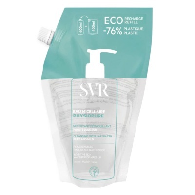 Embalagem recarregável de plástico para água micelar SVR Physiore azul e branca