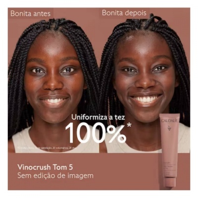 Antes e depois de mulher com pele uniformizada usando Vinocrush Tom 5 Caudalie
