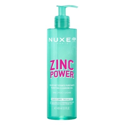 Frasco plástico verde translúcido com doseador contendo gel de limpeza NUXE ZINC POWER