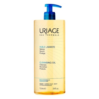 Frasco amarelo translúcido de óleo de limpeza URIAGE com doseador azul