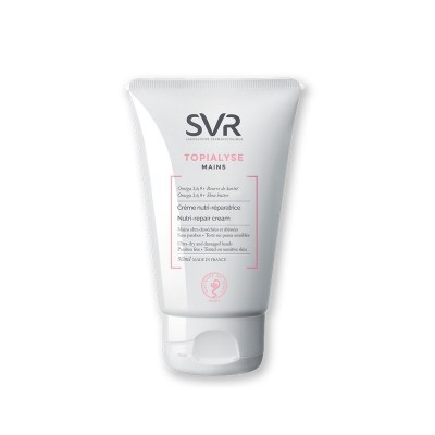 Creme para mãos SVR Topialyse Mains em embalagem branca com texto preto e rosa.