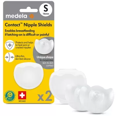 Escudos para mamilos Medela tamanho S em embalagem amarela e cinza
