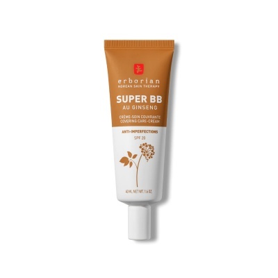 Tubo de creme BB Erborian Super BB au Ginseng laranja e branco com tampa branca