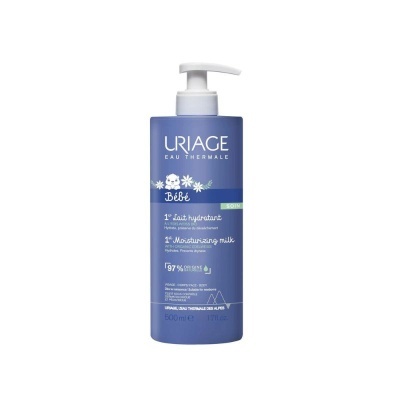 Frasco azul de leite hidratante para bebés Uriage com doseador branco
