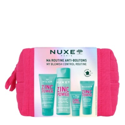 Conjunto NUXE Zinc Power com bolsa rosa e quatro produtos em verde