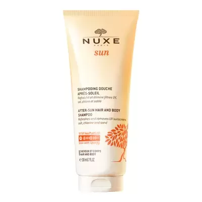 Champô NUXE Sun para cabelo e corpo em tubo branco com texto preto e laranja