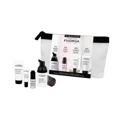 Conjunto de produtos cosméticos Filorga com bolsa branca e fecho preto
