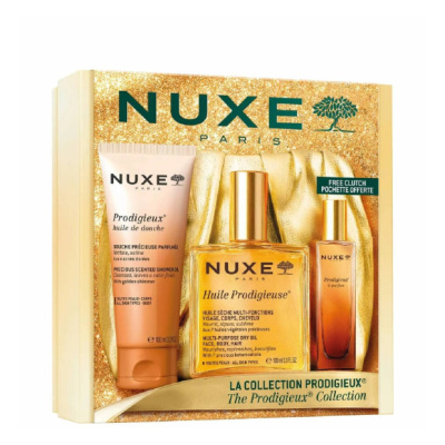 Conjunto de produtos NUXE Paris em caixa dourada com óleo seco, óleo de duche e frasco pequeno