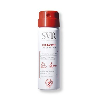 Frasco branco com tampa vermelha de spray SVR CICAVIT+, 30 ml