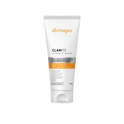 Tubo branco de creme anti-manchas corporal Dermagus Clarité com texto em preto, laranja e cinza