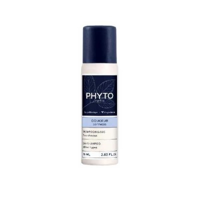 Frasco de champô seco Phyto azul e branco para todos os tipos de cabelo