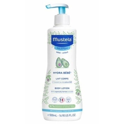 Frasco de loção corporal Mustela Hydra Bébé 500ml com tampa de bomba azul e imagens de abacate no rótulo