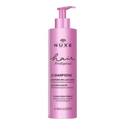 Frasco rosa de shampoo NUXE Hair Prodigieux Le Shampooing 400ml com dispensador
