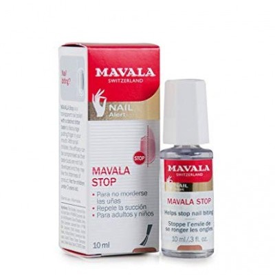 Frasco e embalagem do produto MAVALA STOP para unhas, 10 ml, branco, vermelho e dourado.